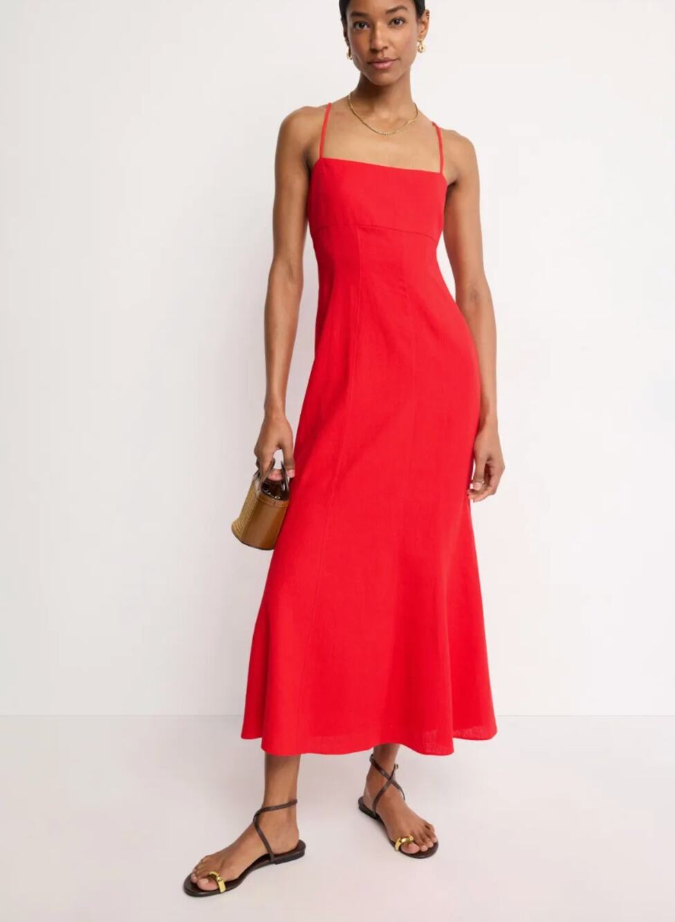 TOCCIN x RTR Linen Sculpted Midi Dress Red Size 10 Square Neck Sleeveless